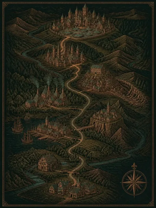 Gestochene Landkarte bei Nacht: Ein Weg windet sich von einem Dorf am Fluss vorbei an Mühle, Hafen, Bergstadt und Glashütte hinauf zu einer Stadt mit sechs Brunnen.