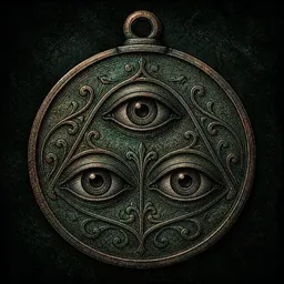 Kupferstich eines Medaillons mit drei Augen im Dreieck.