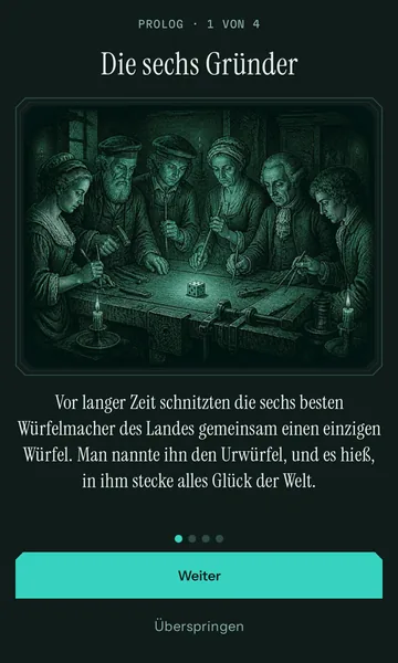 Prolog, Tafel 1 von 4: „Die sechs Gründer“, Kupferstich der Würfelmacher an der Werkbank, darunter der Beginn der Sage.