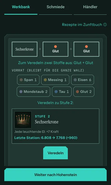 Werkbank: Der Talisman Sechserkrone wird mit zwei Glut auf Stufe 2 veredelt, darunter der Vorrat an Werkstoffen und der Knopf „Veredeln“.