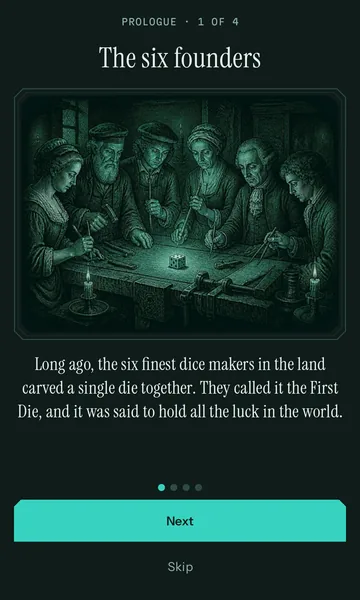 Prologue, plate 1 of 4: “The six founders”, an engraving of the dice makers at the workbench, followed by the opening of the legend.
