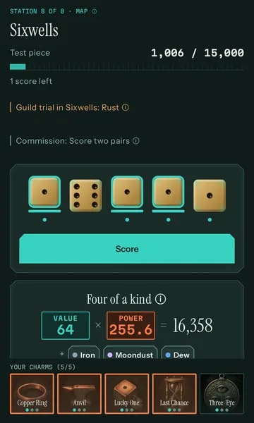 Game table in Sixwells: test piece 1,006 of 15,000, four ones – three of them held – and a six; below, four of a kind with value 64 times power 255.6 equals 16,358.