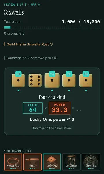 The calculation runs step by step: +1 above four dice, the Lucky One charm lights up, line “Lucky One: power ×1.6”.
