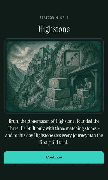 Title card “Station 4 of 8: Highstone” with an engraving of a mountain town and a stonemason; below, a paragraph about Brun, the founder of the Three.