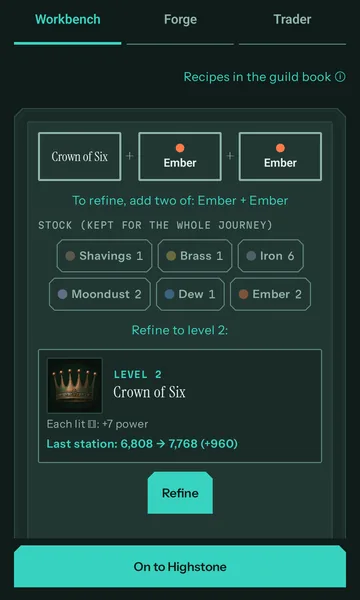Workbench: the charm Crown of Six is refined to level 2 with two embers; below, the stock of materials and the Refine button.