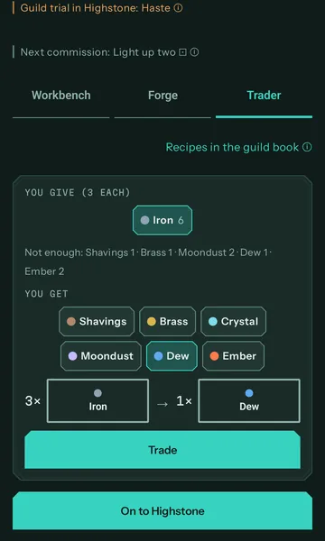 Trader: swapping three iron for one dew, with the guild trial “Haste” in Highstone at the top.